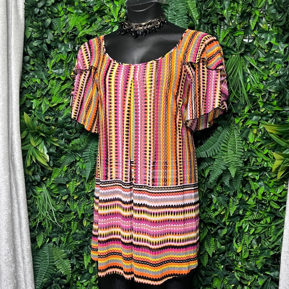 Ashley Stewart Top 22/24 Women's Colorful Pattern Flutter‎ Sleeve Tunic 3239